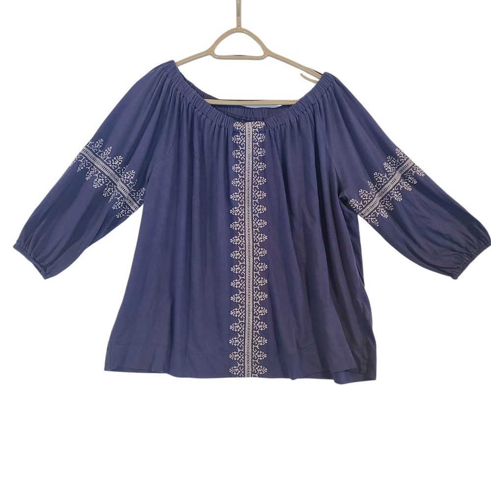 Chaps Blue & White Embroidered Peasant
Top Boho Off Shoulder Large